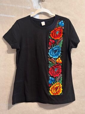 Moussy Black Tee Vertical Multicolor Floral Embroidery  large Mexican heritage